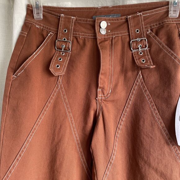 NWT Women’s Cali 1850 Wide Leg Burnt Orange Buckle Button Denim Pants Size 5 - Picture 2 of 6